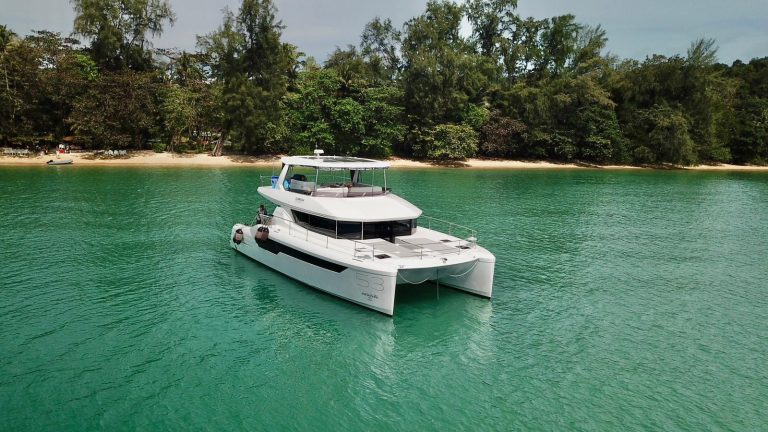 ZIM Leopard 53 luxury power catamaran cruising off Phuket on a boat charter in Thailand