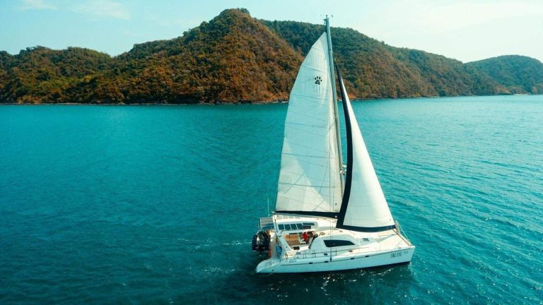 SIMPLY luxury sailing catamaran under sail on a boat charter in Phuket, Thailand